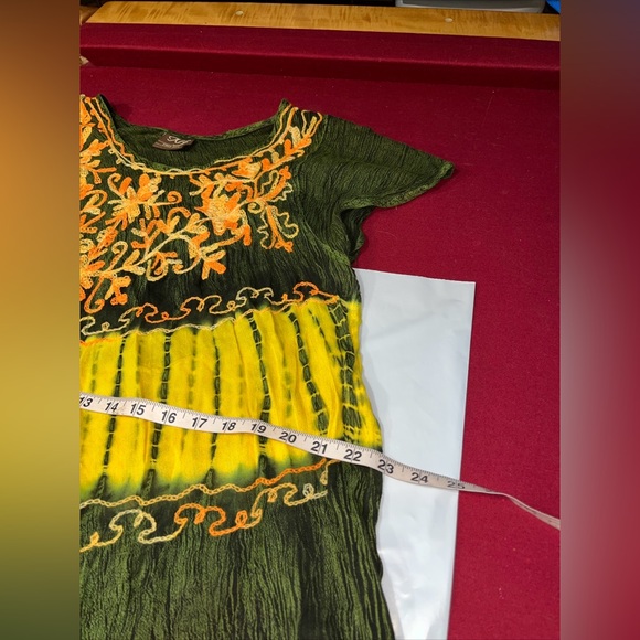 Green FESTIVAL GYPSY Flowy rayon DRESS NF Free Size COLORFUL Embroidered Tribal - Picture 5 of 16